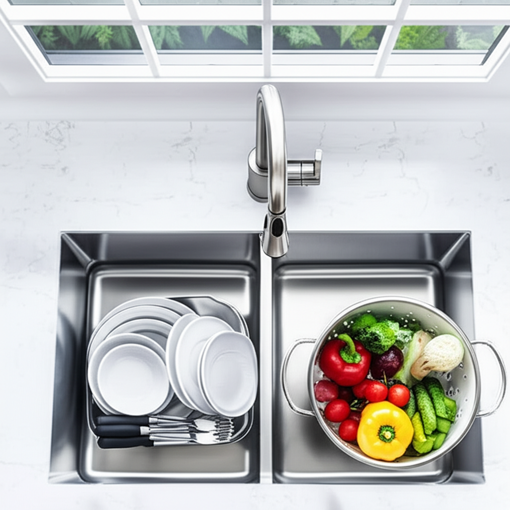 Generate a high-quality, relevant image prompt for an article about: What Size Is A Double Bowl Kitc