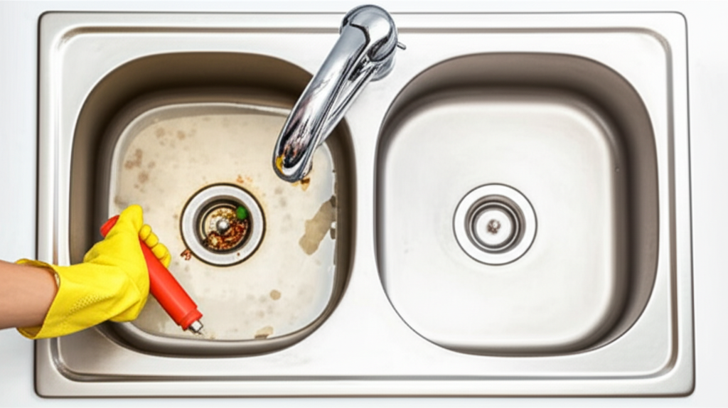 Generate a high-quality, relevant image prompt for an article about: How To Unclog A Double Kitchen