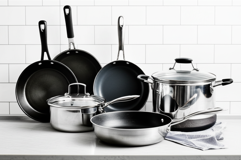 Generate a high-quality, relevant image prompt for an article about: What Kind of Pans Do You Need: