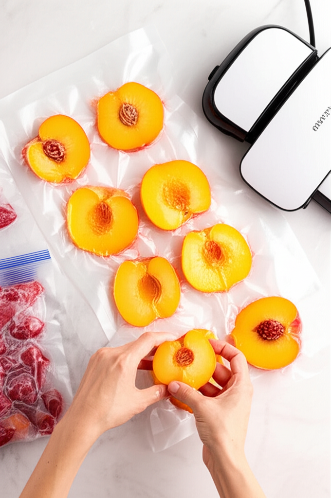 Generate a high-quality, relevant image prompt for an article about: Easy Vacuum Sealer Peach Freezi