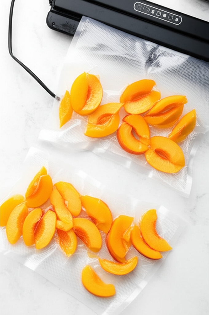 Generate a high-quality, relevant image prompt for an article about: Freezing Peaches In Vacuum Bags